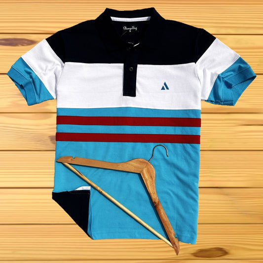 Men stylish T Shirt Navy blue, White, Turquoise Blue with Red stripe