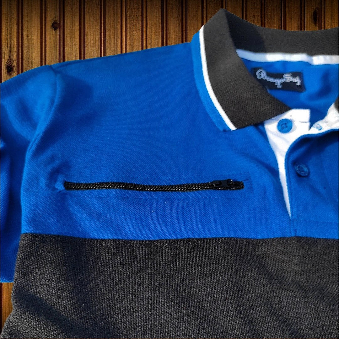 Men premium Zip style T Shirt Royal Blue, White with Black stripe