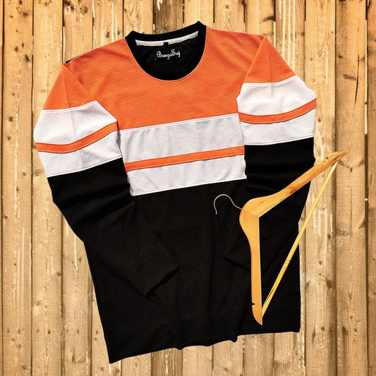 Men Full sleeve Popcorn Lycra T Shirt Peach and black stripe