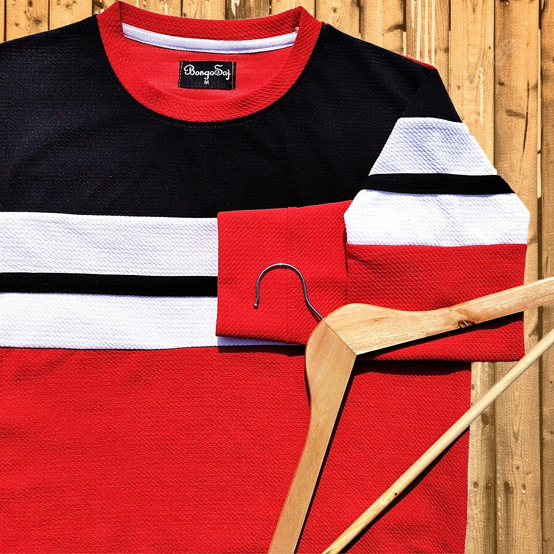 Popcorn Lycra winter T Shirt Black White Red with  stripe black stripe