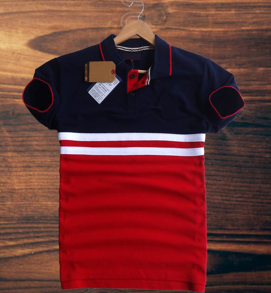 Stylish Men T Shirt Red Navy Blue with white stripe