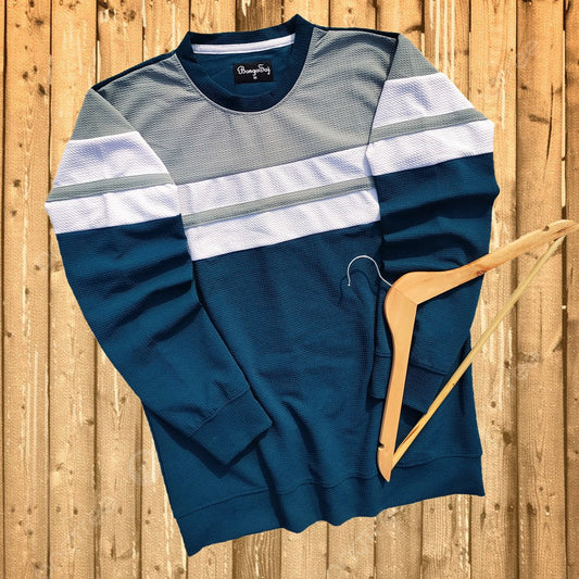 Popcorn Lycra winter T Shirt Grey, White and Navy Blue with stripe