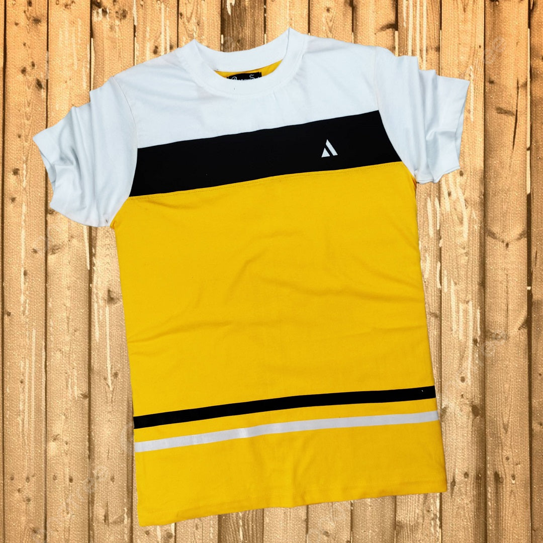 Round Neck T Shirt New White Black and Yellow