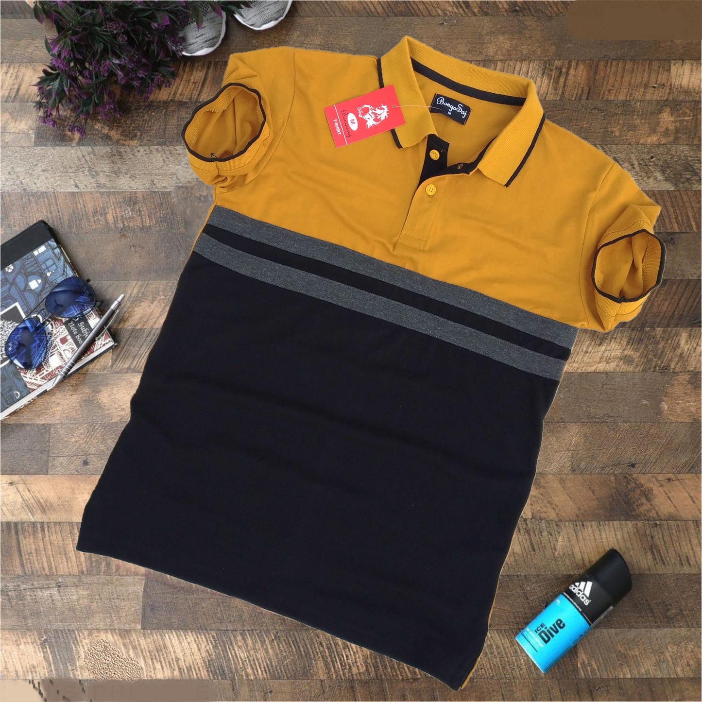 Mens Polo T-Shirt dark Yellow, Navy with Mélange stripe